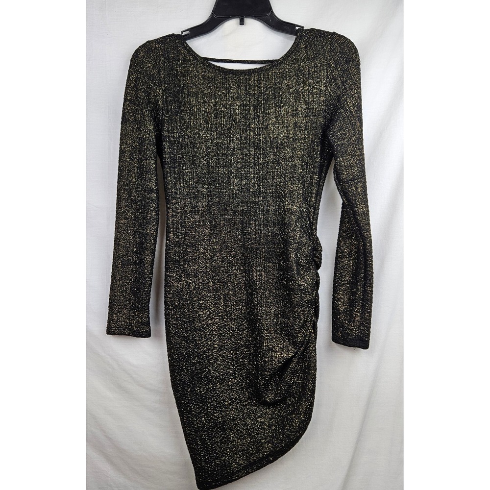 G by GUESS Gold Metallic Long Sleeve Open Back Ruched Bodycon‎ Dress Medium M